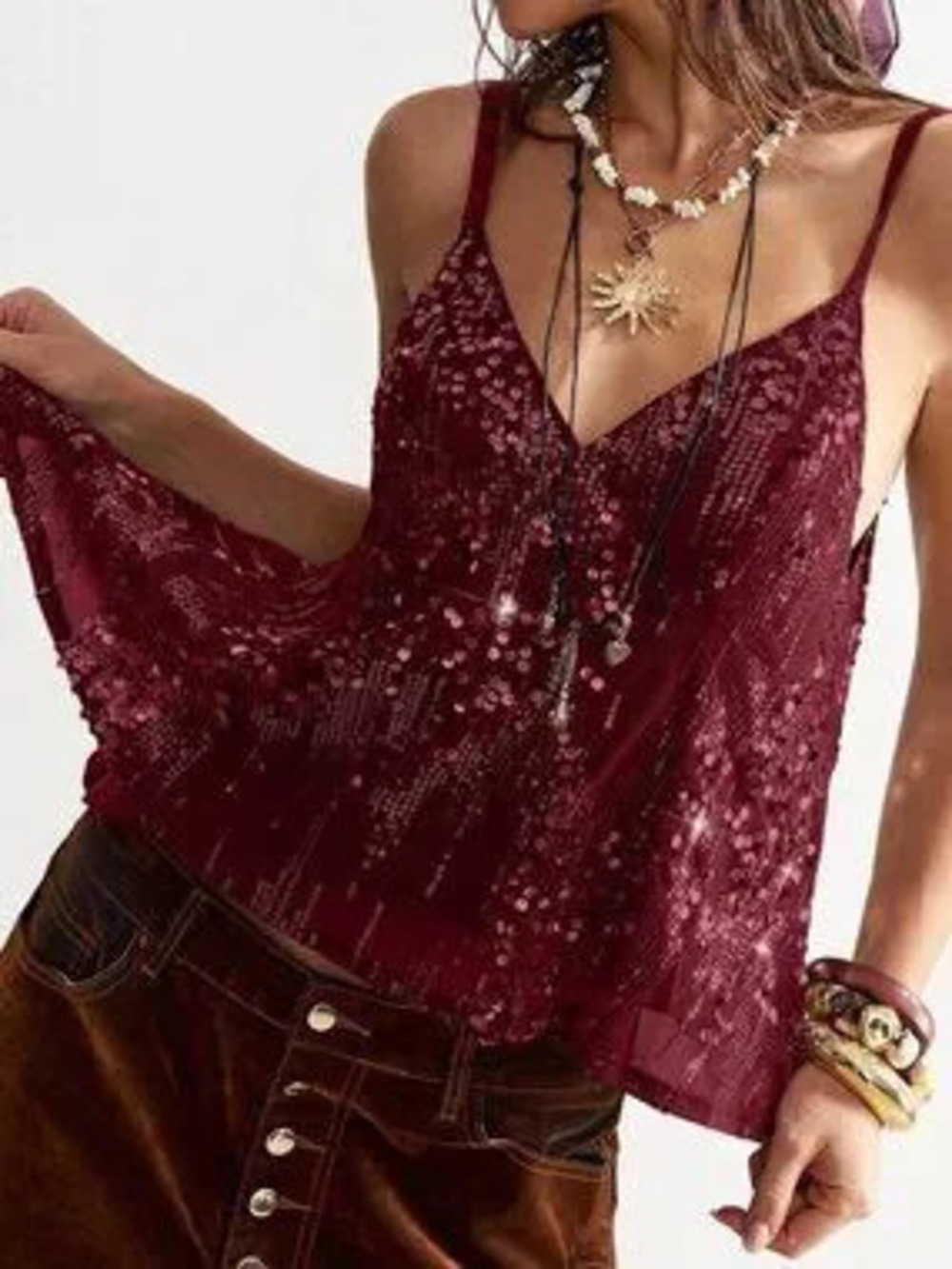 ZARA Burgundy Sexy Women's Backless Slim Fit Beaded Camisole Top